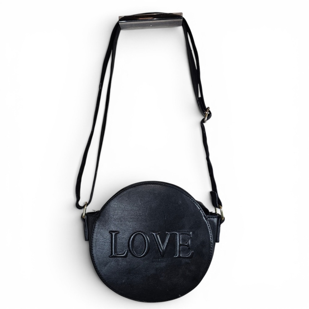 Brash Crossbody Bag Womens Small Black Good LOVE Embossed Round Faux Leather